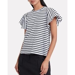 A.L.C. Black White Stripe Ruffle Short Sleeve Carrie Shirt Women's size Medium
